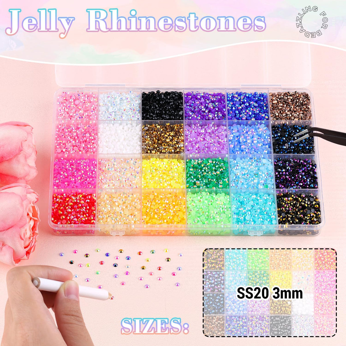 BELLEBOOST open box with 24 color grids showing multicolor 3mm gems neatly separated