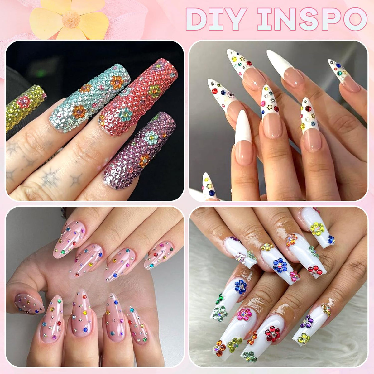 BELLEBOOST rhinestones applied on an acrylic tip demonstrating sparkling manicure detail