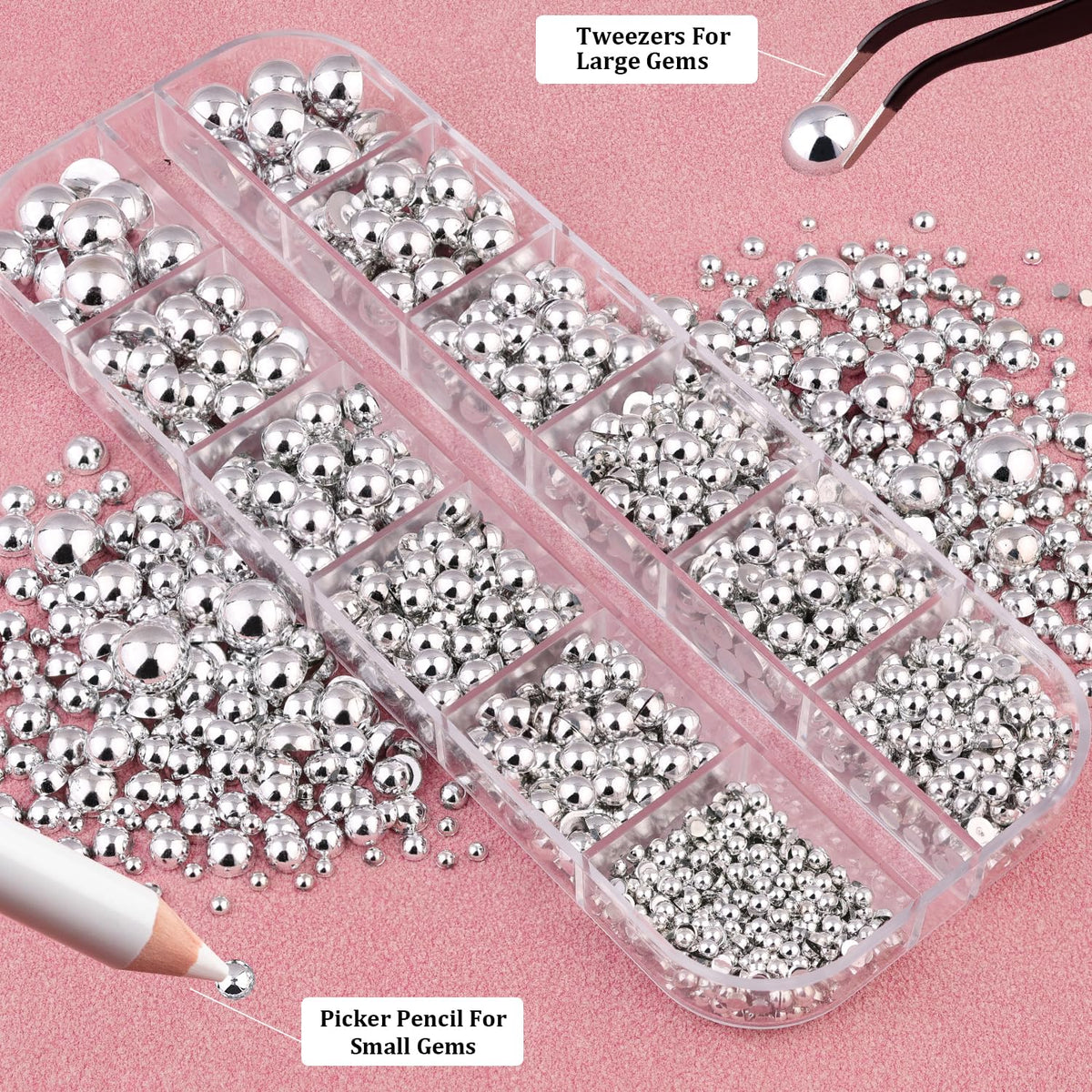 BELLEBOOST tweezers and picker pencil with scattered pearls illustrating precise placement benefit