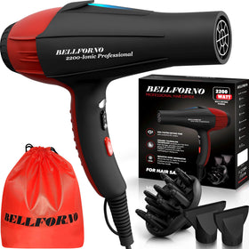 BELLFORNO front view hair dryer showing sleek black-red design and powerful performance
