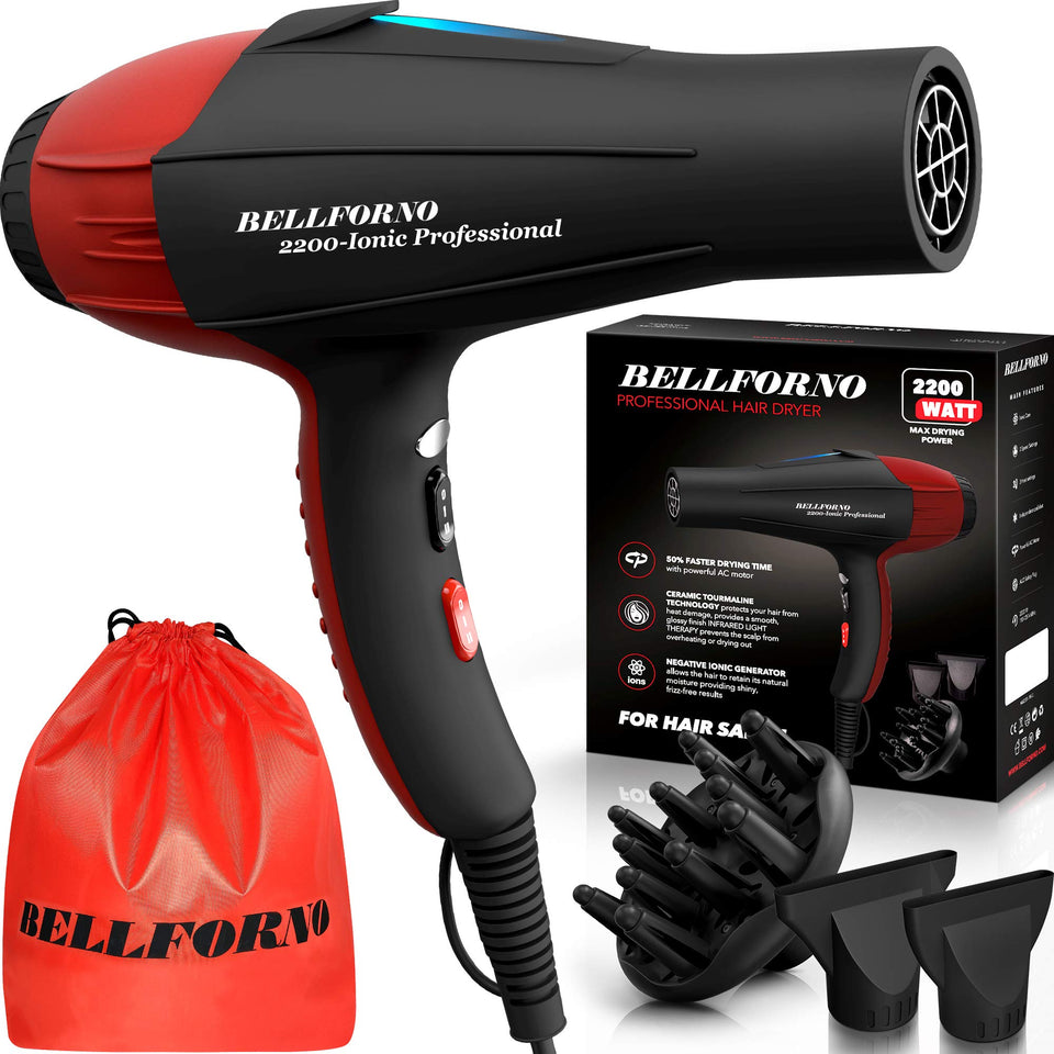 BELLFORNO front view hair dryer showing sleek black-red design and powerful performance
