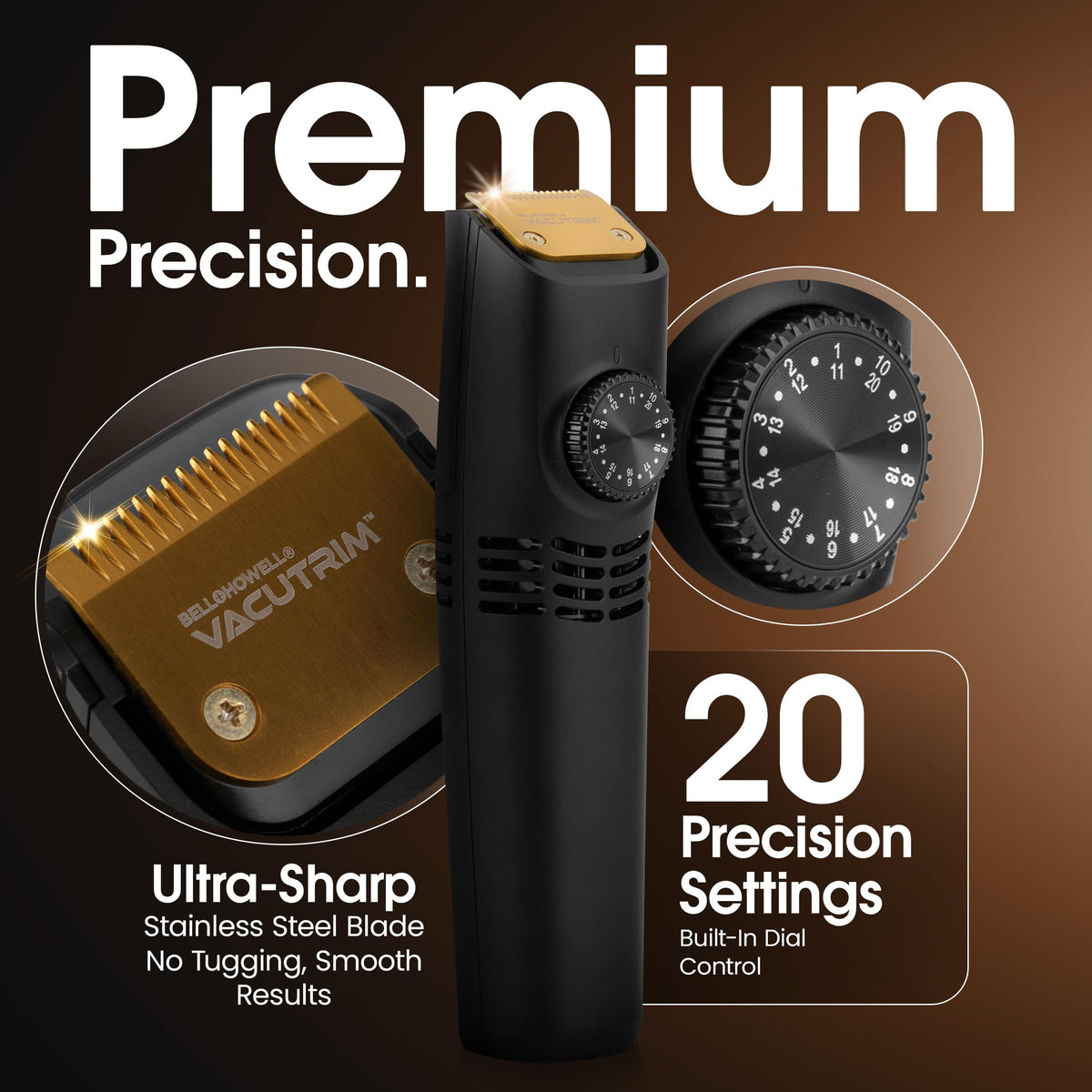 Bell+Howell Vacutrim close-up of stainless steel blades for precise cuts