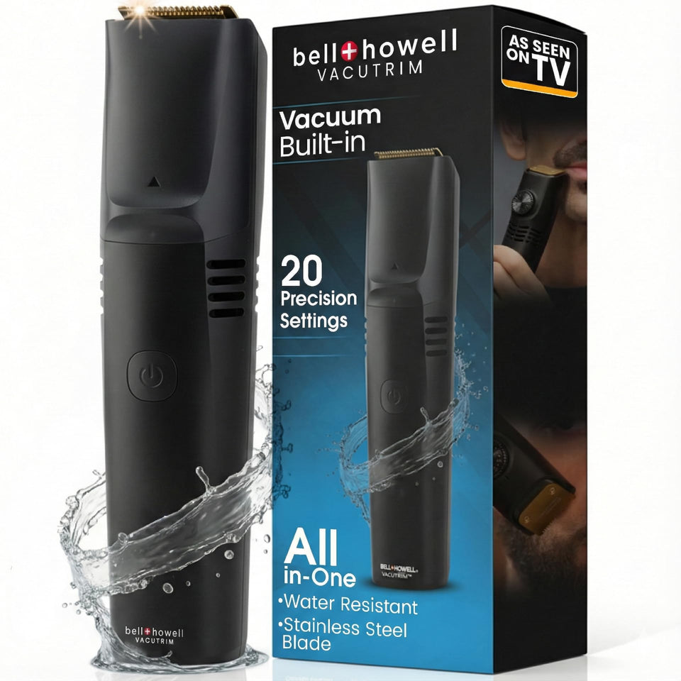Bell+Howell Vacutrim front view showing compact cordless design and controls for easy grooming
