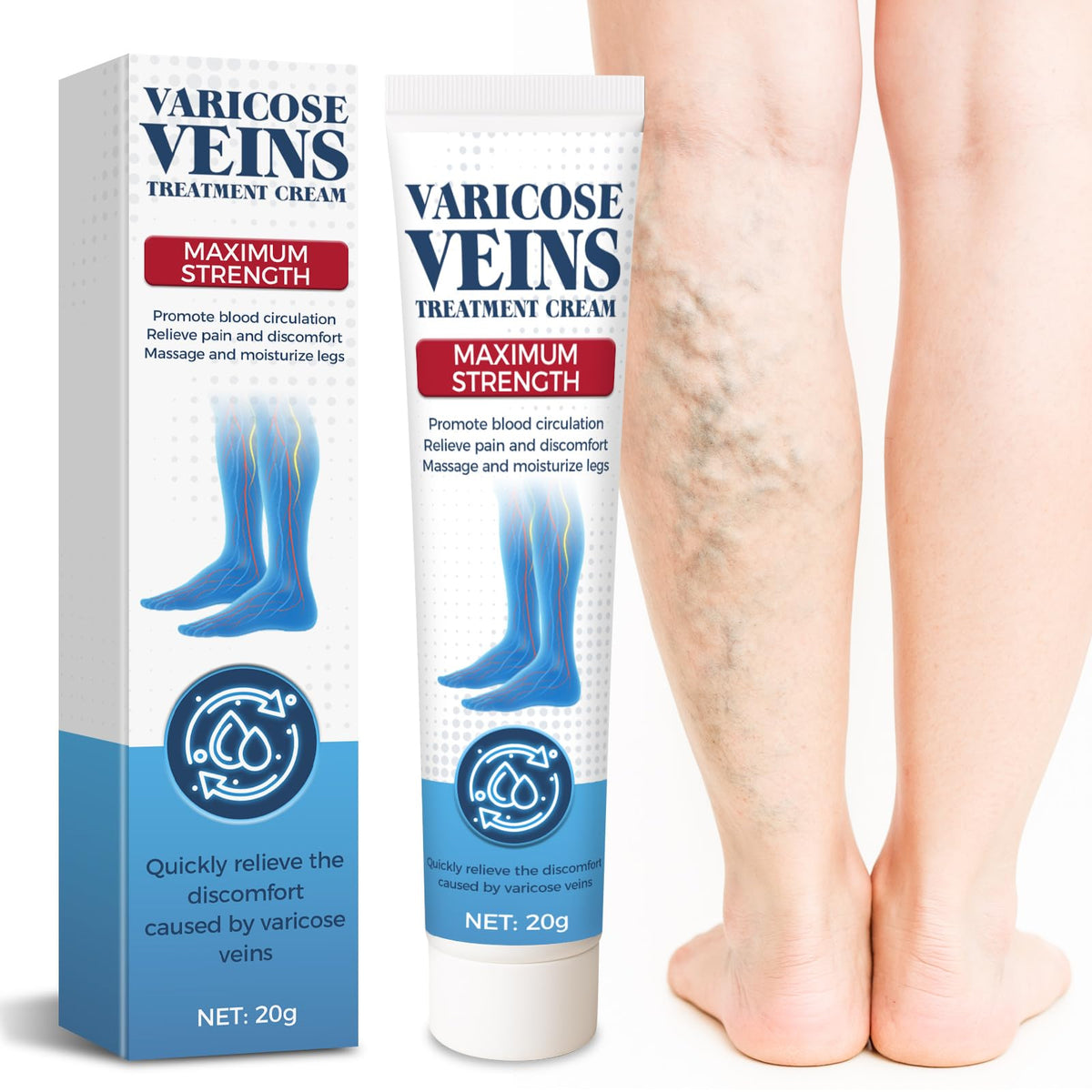Bellisinno front packaging shows the tube and benefits for soothing legs