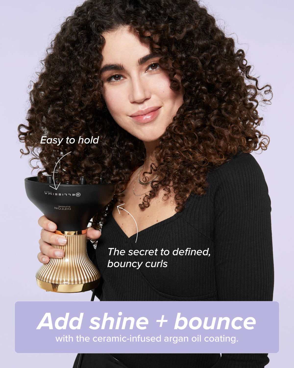 Bellissima Diffon in use on long curls, faster drying and definition benefit
