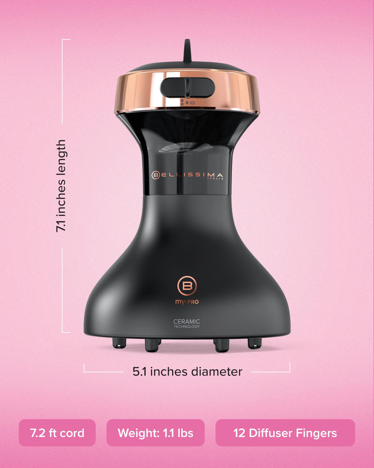 Bellissima next to a hand to show compact size and easy portability