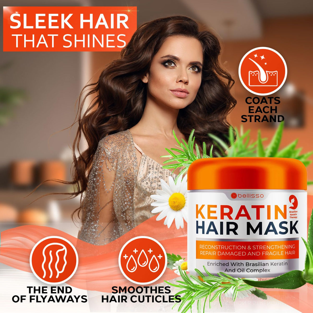 BELLISSO before and after hair comparison illustrating reduced frizz and improved shine
