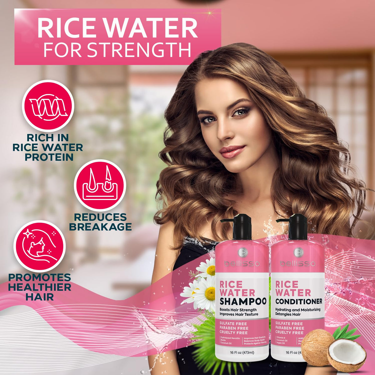 BELLISSO label closeup highlighting rice and saw palmetto benefits