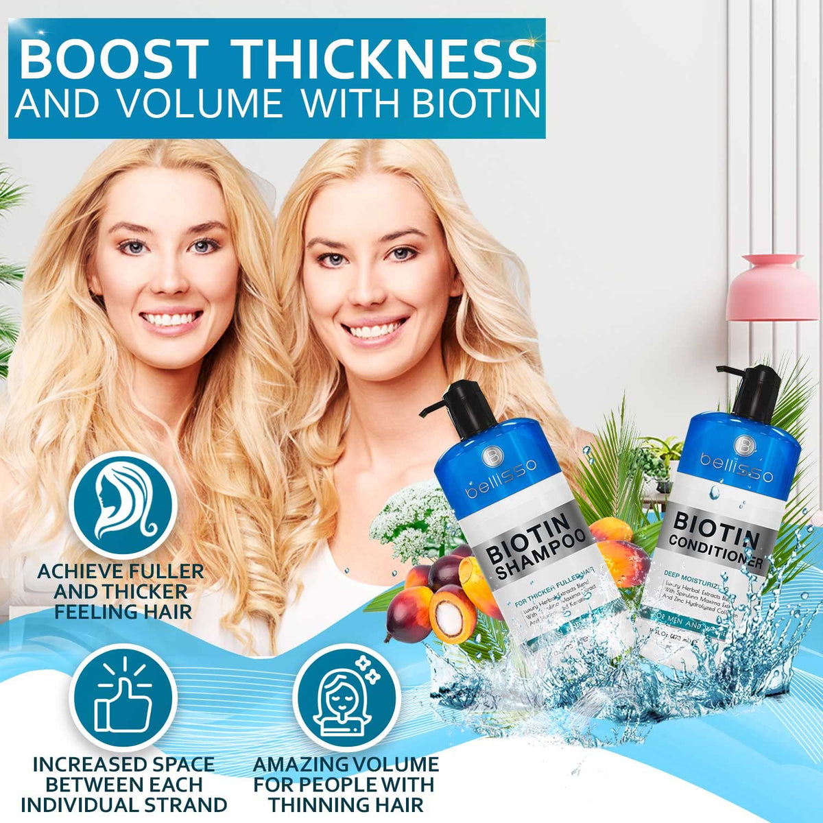 BELLISSO label close-up highlighting biotin and keratin benefits