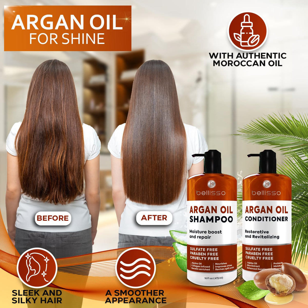 BELLISSO bottle label closeup highlighting argan oil ingredients