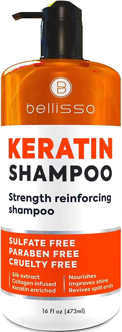 BELLISSO front bottle view showing keratin shampoo benefits