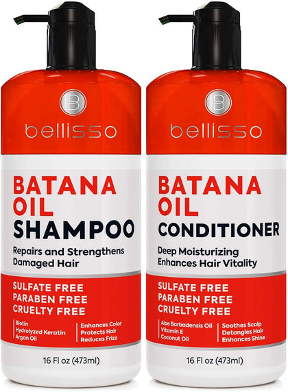BELLISSO front packaging of batana oil shampoo and conditioner, shows complete set and benefits