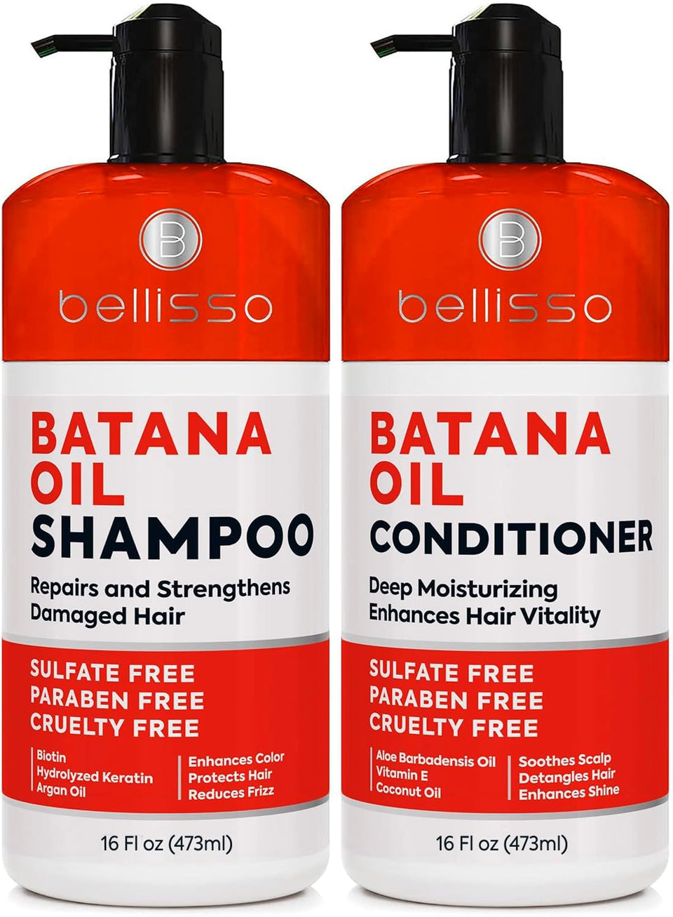 BELLISSO front packaging of batana oil shampoo and conditioner, shows complete set and benefits
