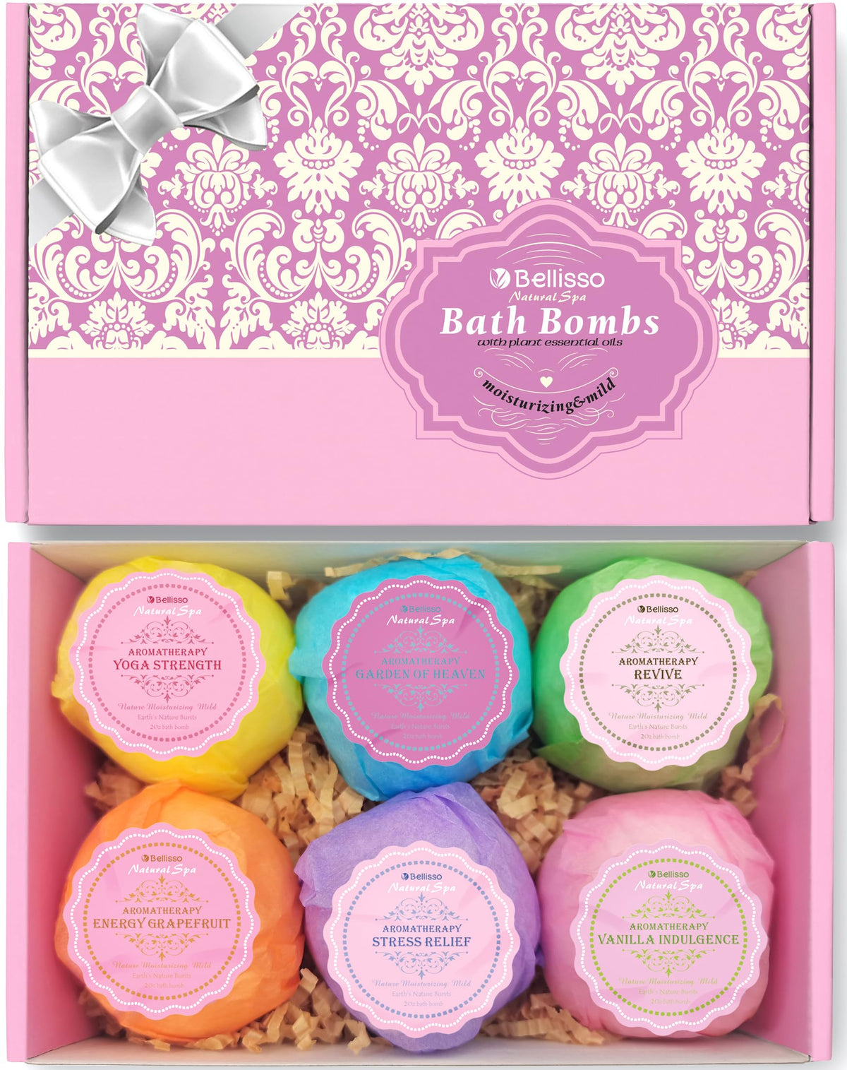 BELLISSO front packaging showing six wrapped bath bombs and benefits
