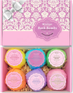 BELLISSO front packaging showing six wrapped bath bombs and benefits