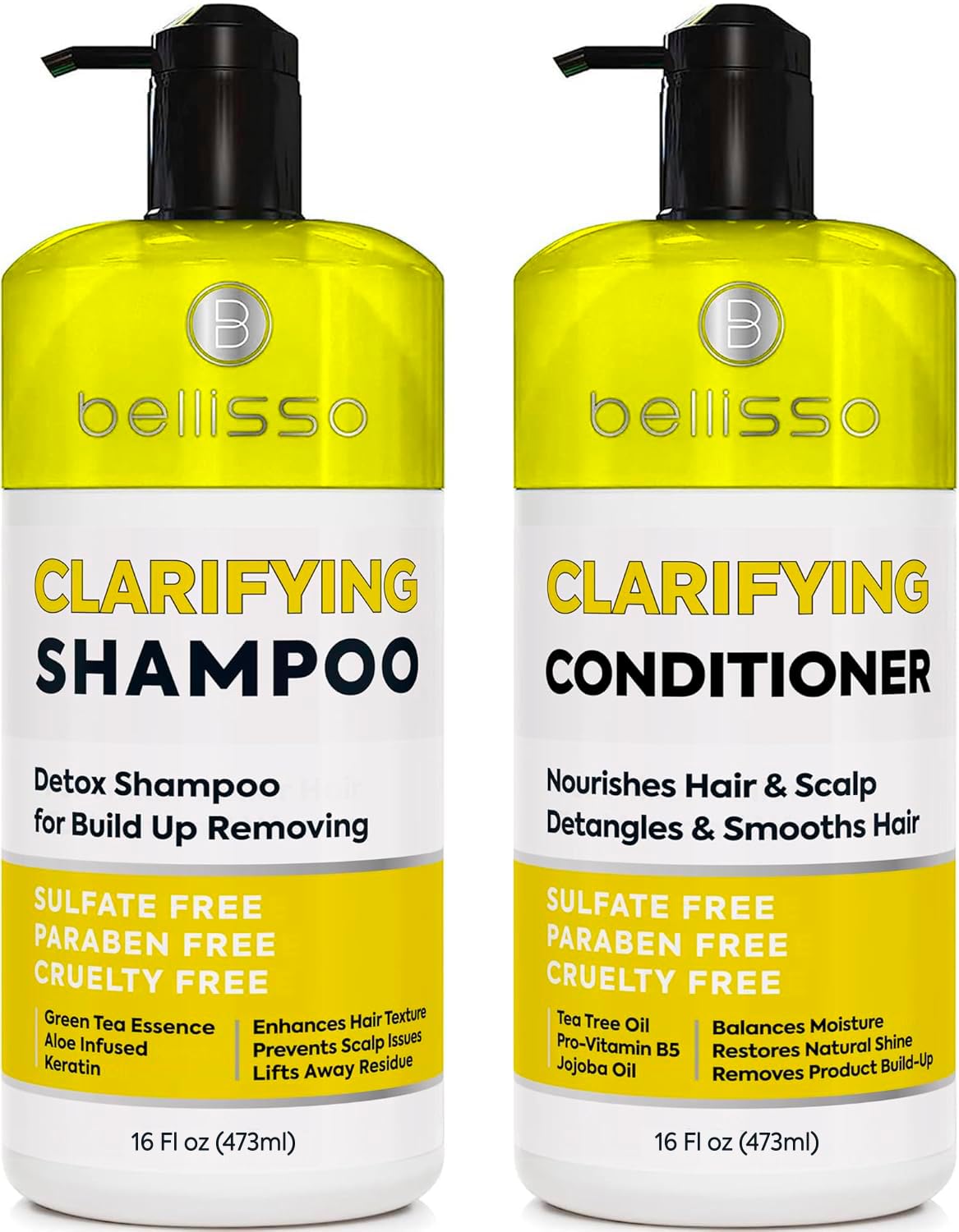 BELLISSO front packaging showing clarifying shampoo and conditioner, highlights gentle cleanse