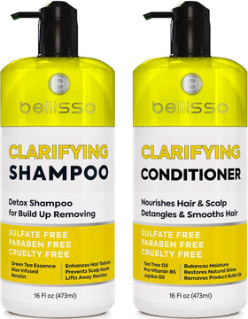 BELLISSO front packaging showing clarifying shampoo and conditioner, highlights gentle cleanse