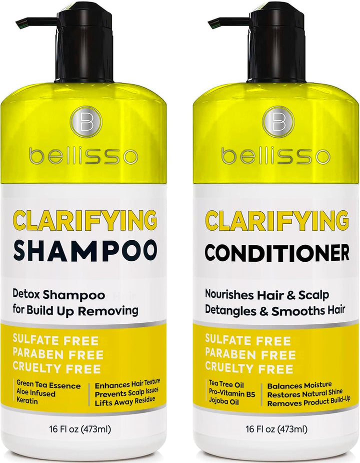 BELLISSO front packaging showing clarifying shampoo and conditioner, highlights gentle cleanse