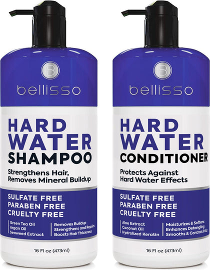 BELLISSO front packaging showing the hard water shampoo and conditioner set benefiting mineral removal