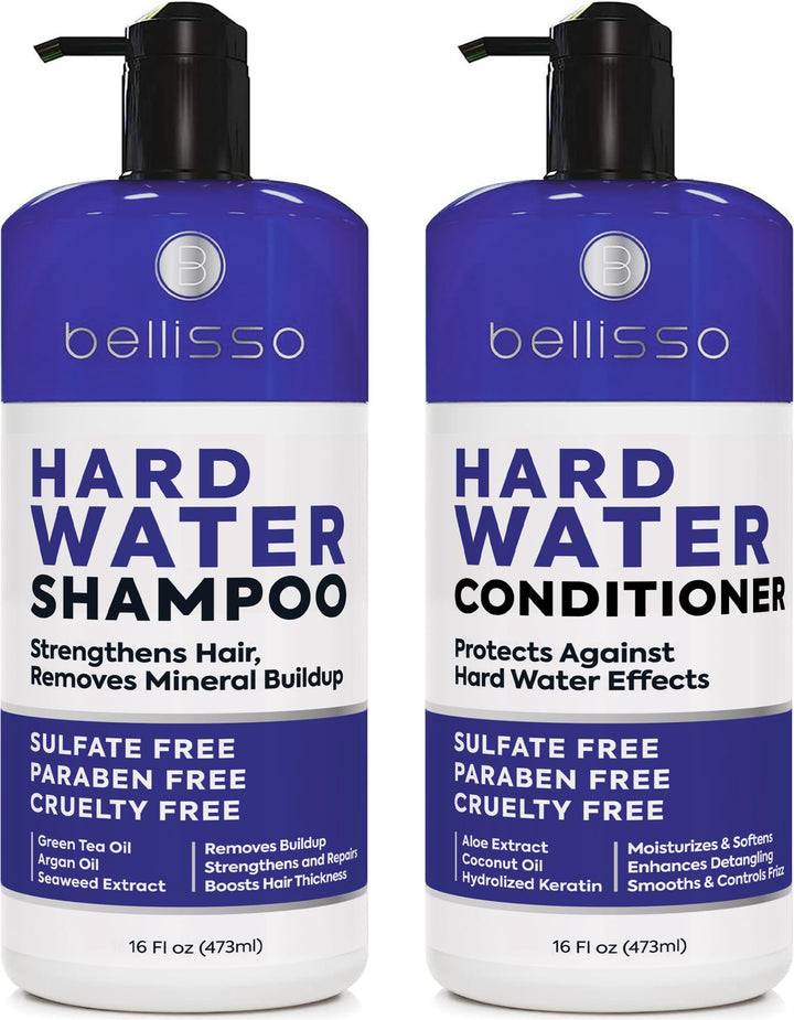 BELLISSO front packaging showing the hard water shampoo and conditioner set benefiting mineral removal