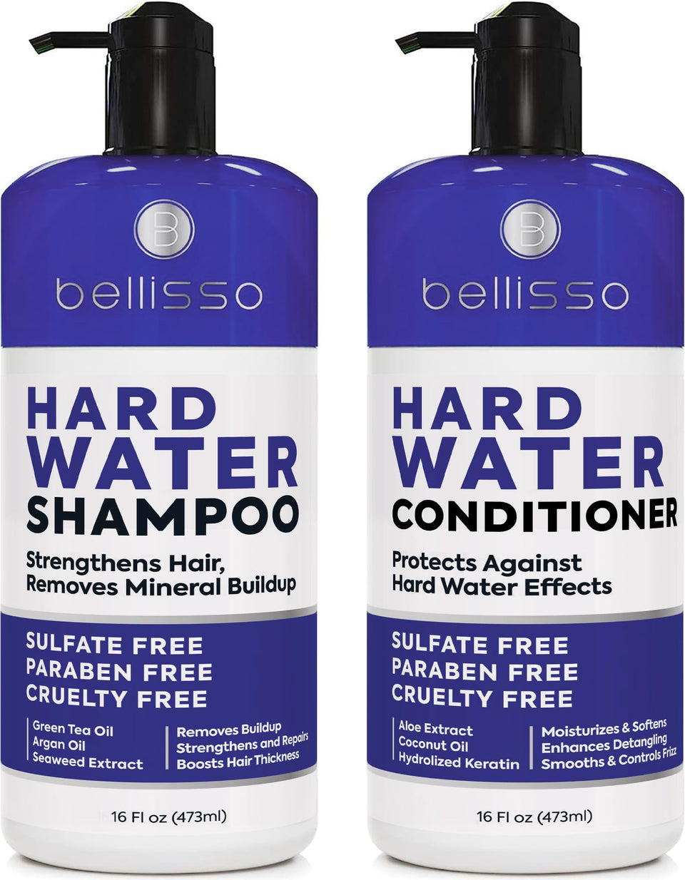 BELLISSO front packaging showing the hard water shampoo and conditioner set benefiting mineral removal