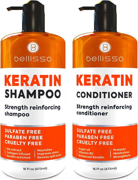 BELLISSO front packaging showing keratin shampoo and conditioner, professional results