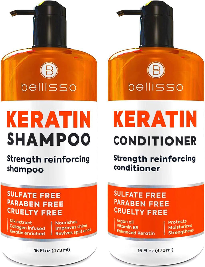 BELLISSO front packaging showing keratin shampoo and conditioner, professional results