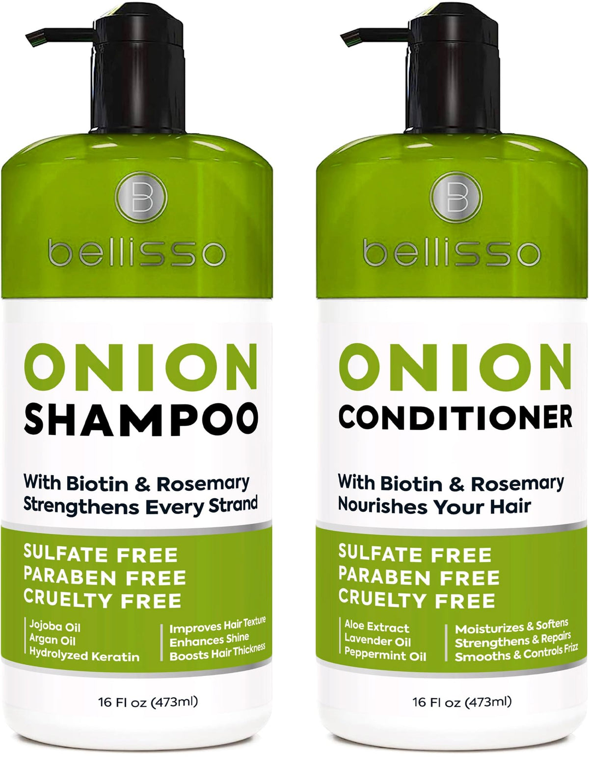 BELLISSO front packaging of onion shampoo and conditioner showing clean design and benefits