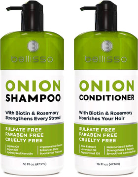 BELLISSO front packaging of onion shampoo and conditioner showing clean design and benefits
