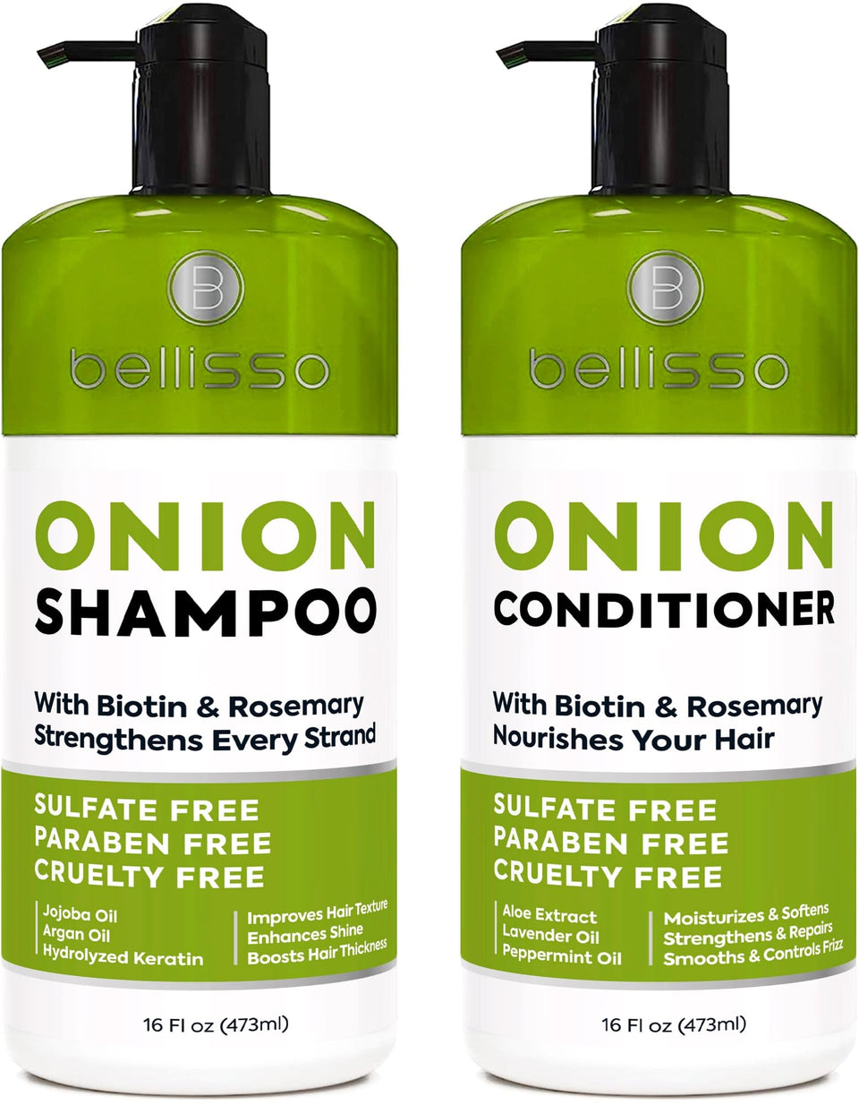 BELLISSO front packaging of onion shampoo and conditioner showing clean design and benefits