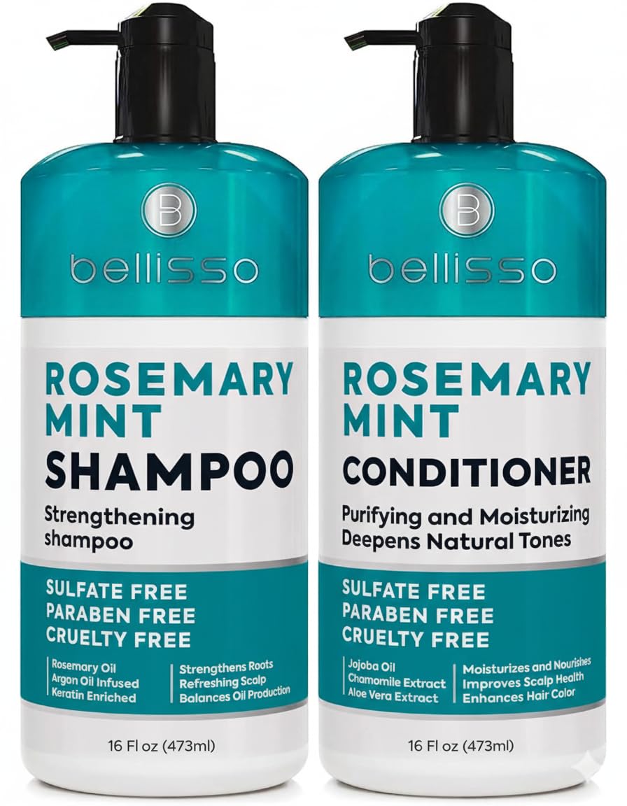 BELLISSO front packaging showing rosemary and peppermint, promotes healthier-looking hair
