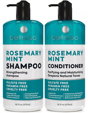 BELLISSO front packaging showing rosemary and peppermint, promotes healthier-looking hair