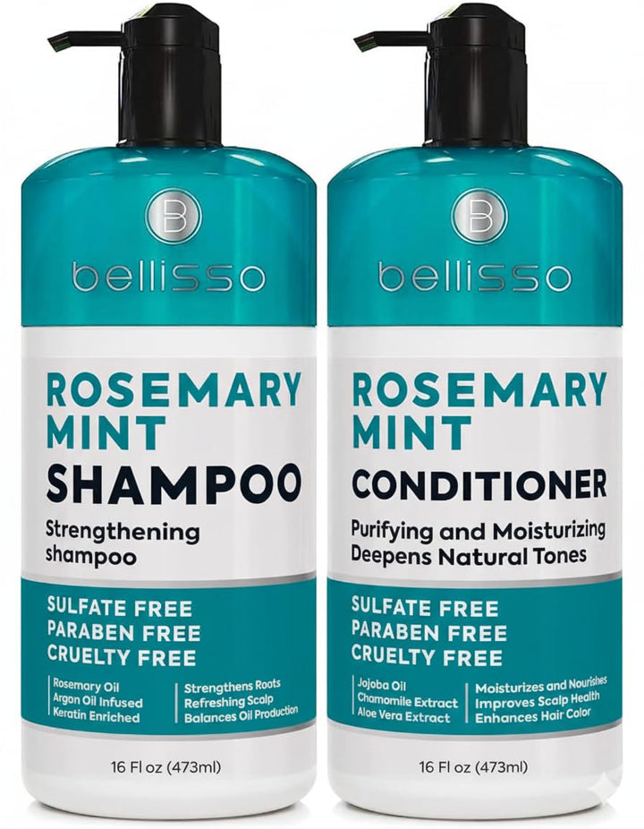 BELLISSO front packaging showing rosemary and peppermint, promotes healthier-looking hair