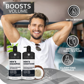 BELLISSO in-shower use with man rinsing hair, illustrating refreshing scalp cleansing