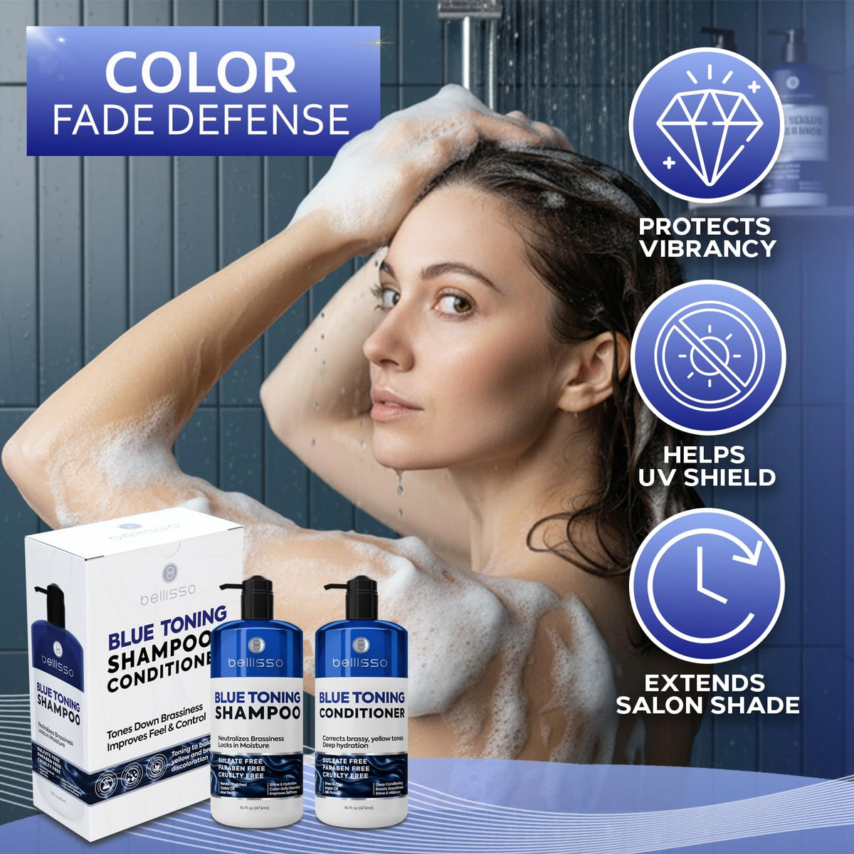 BELLISSO in-use wet hair application showing toning shampoo correcting orange tones effectively