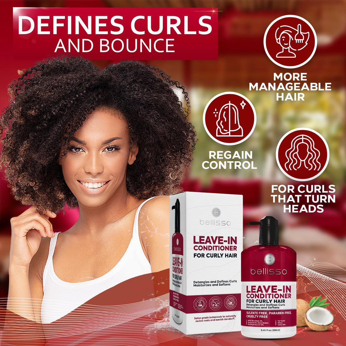 BELLISSO ingredients display with shea butter and coconut oil nourishing