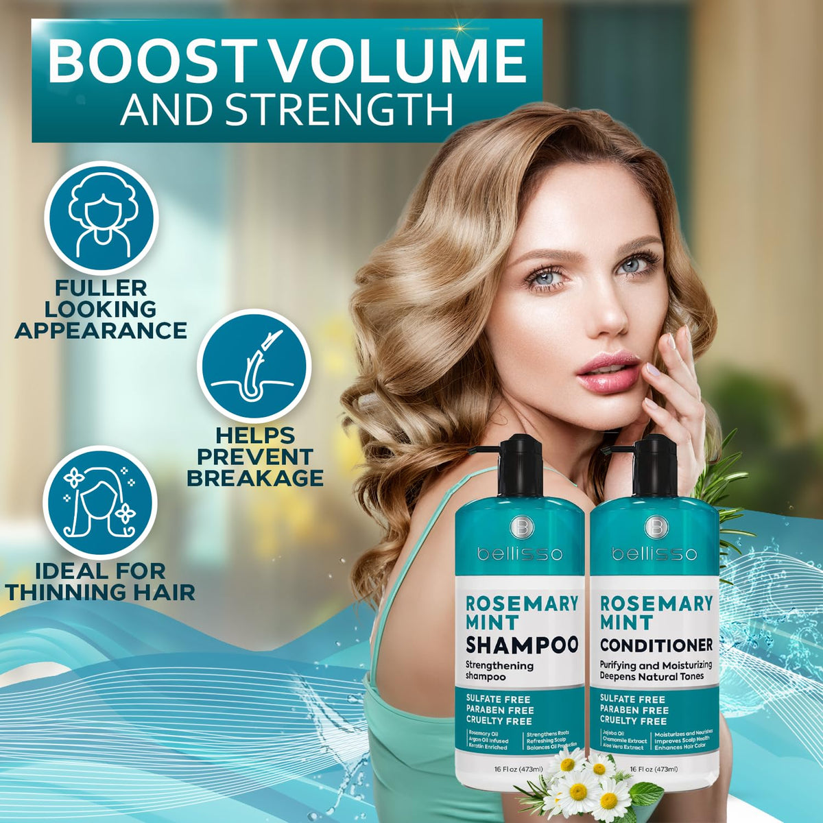 BELLISSO shampoo pump dispensing lather, gentle cleansing without sulfates