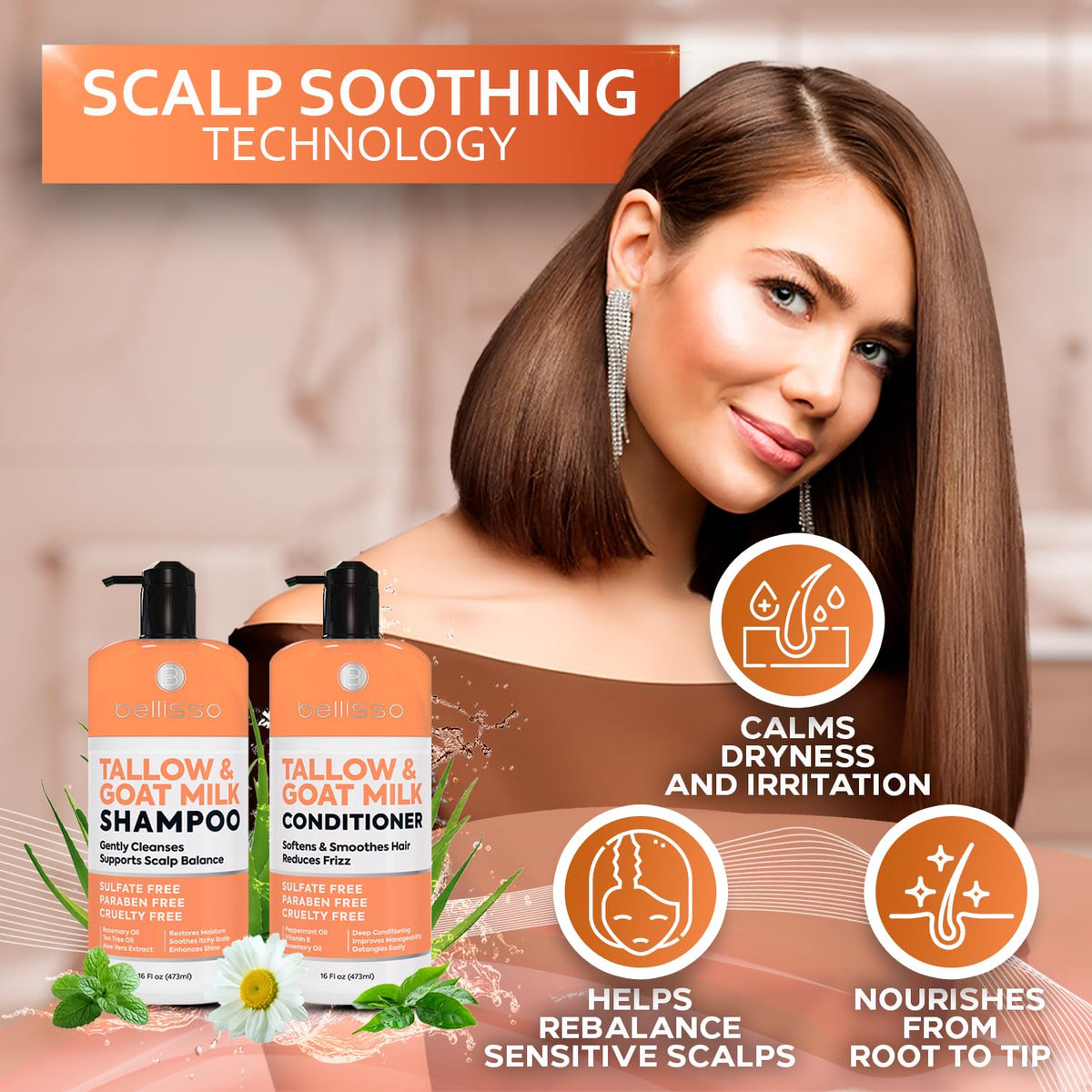 BELLISSO shampoo pump dispensing mild foam for gentle cleansing