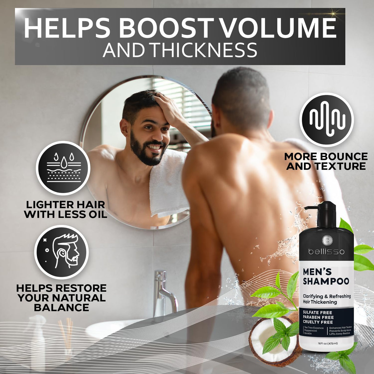 BELLISSO bottle next to hand to show size and practical bathroom scale