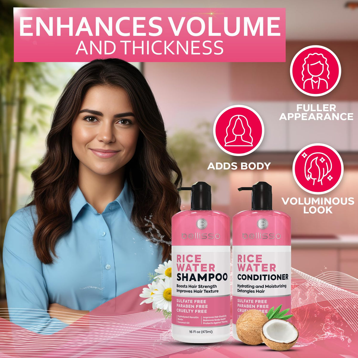BELLISSO in-use on wet hair showing lift and reduced breakage benefit