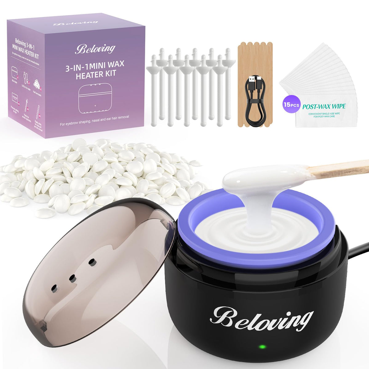 Beloving front view of mini wax warmer showing compact travel-ready design and convenience