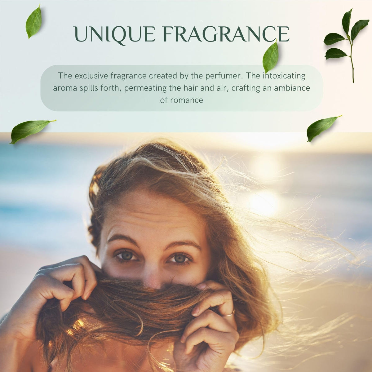 benatu application in use lifestyle image of woman spritzing hair for instant refresh and fragrance
