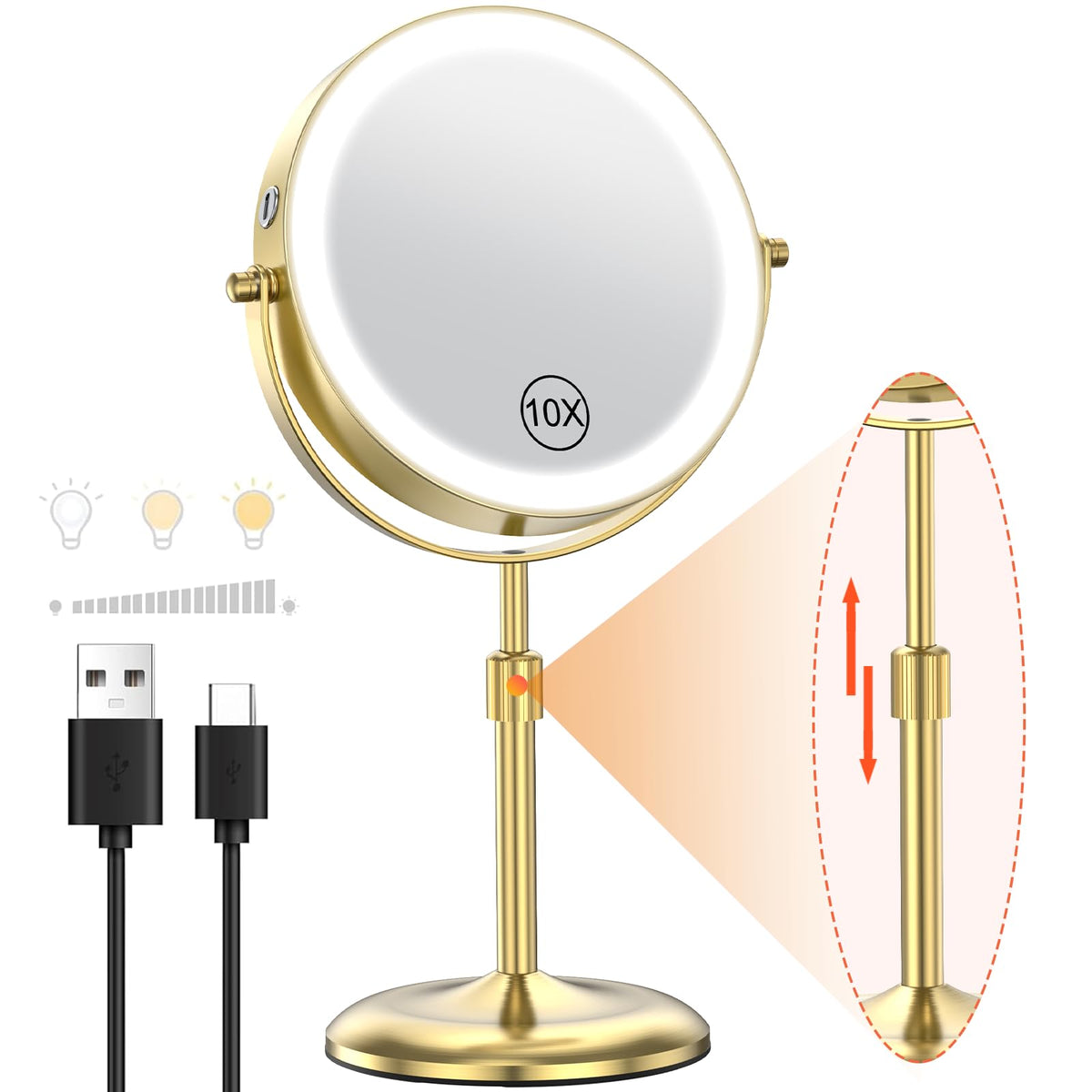 Benbilry front view gold mirror shows full-face lighting and elegant finish