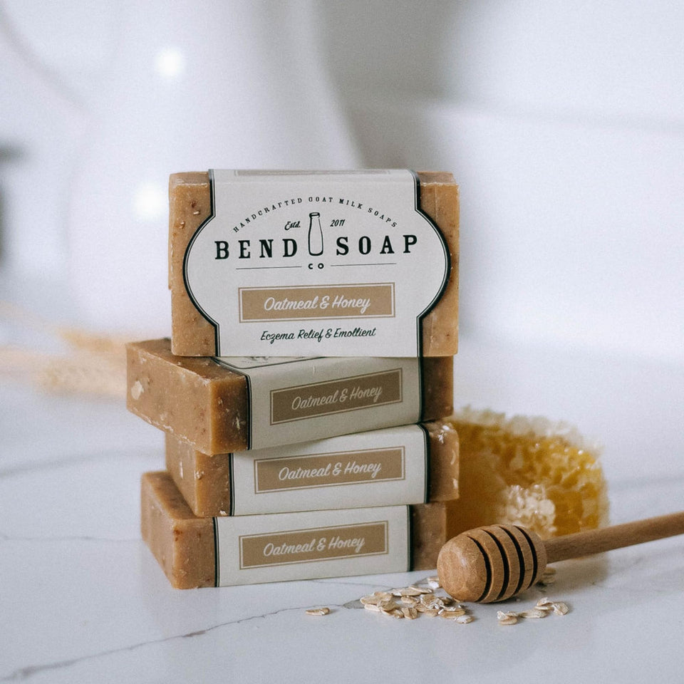 Bend Soap Company front packaging showing four oatmeal and honey bars, clear benefit gentle cleansing