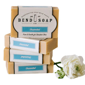Bend Soap Company front packaging showing four unscented bars and simple branding for easy selection
