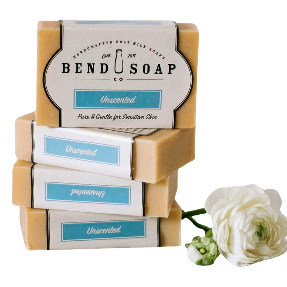 Bend Soap Company front packaging showing four unscented bars and simple branding for easy selection