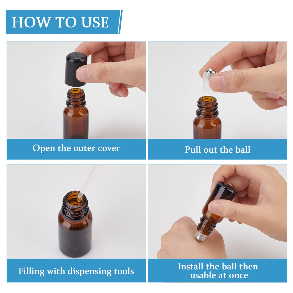 BENECREAT roller inserted into amber essential oil bottle demonstrating easy conversion to roll-on