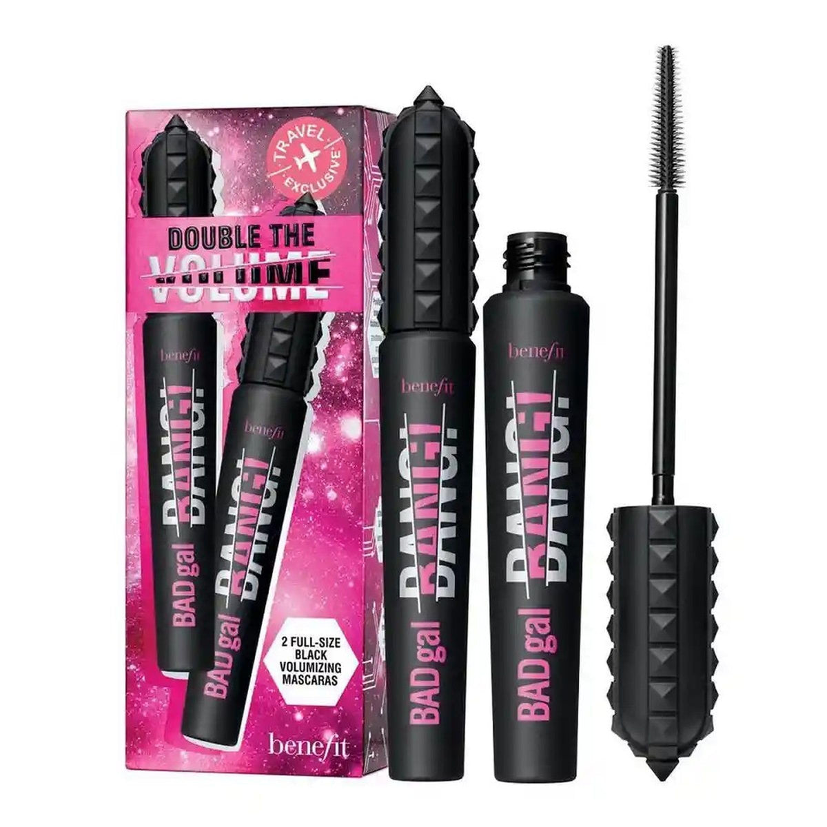 Benefit BADgal BANG front packaging showing two pitch-black mascara tubes and volume boost