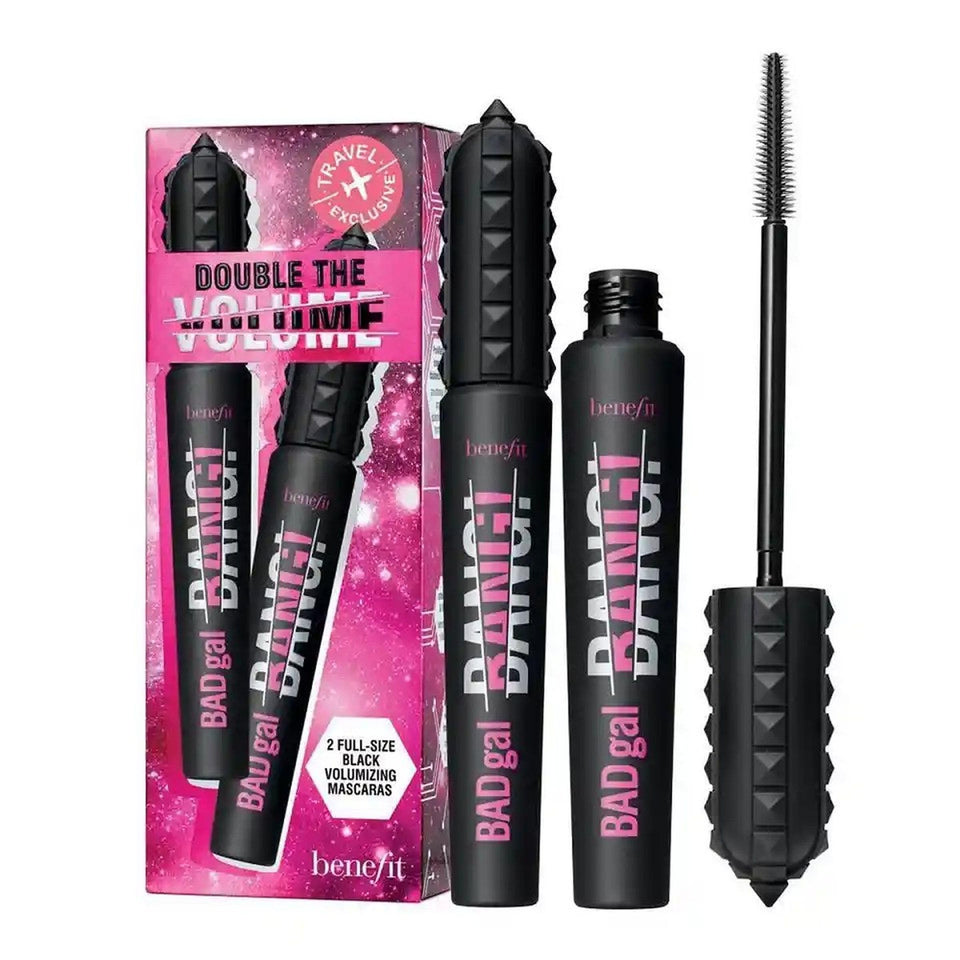 Benefit BADgal BANG front packaging showing two pitch-black mascara tubes and volume boost