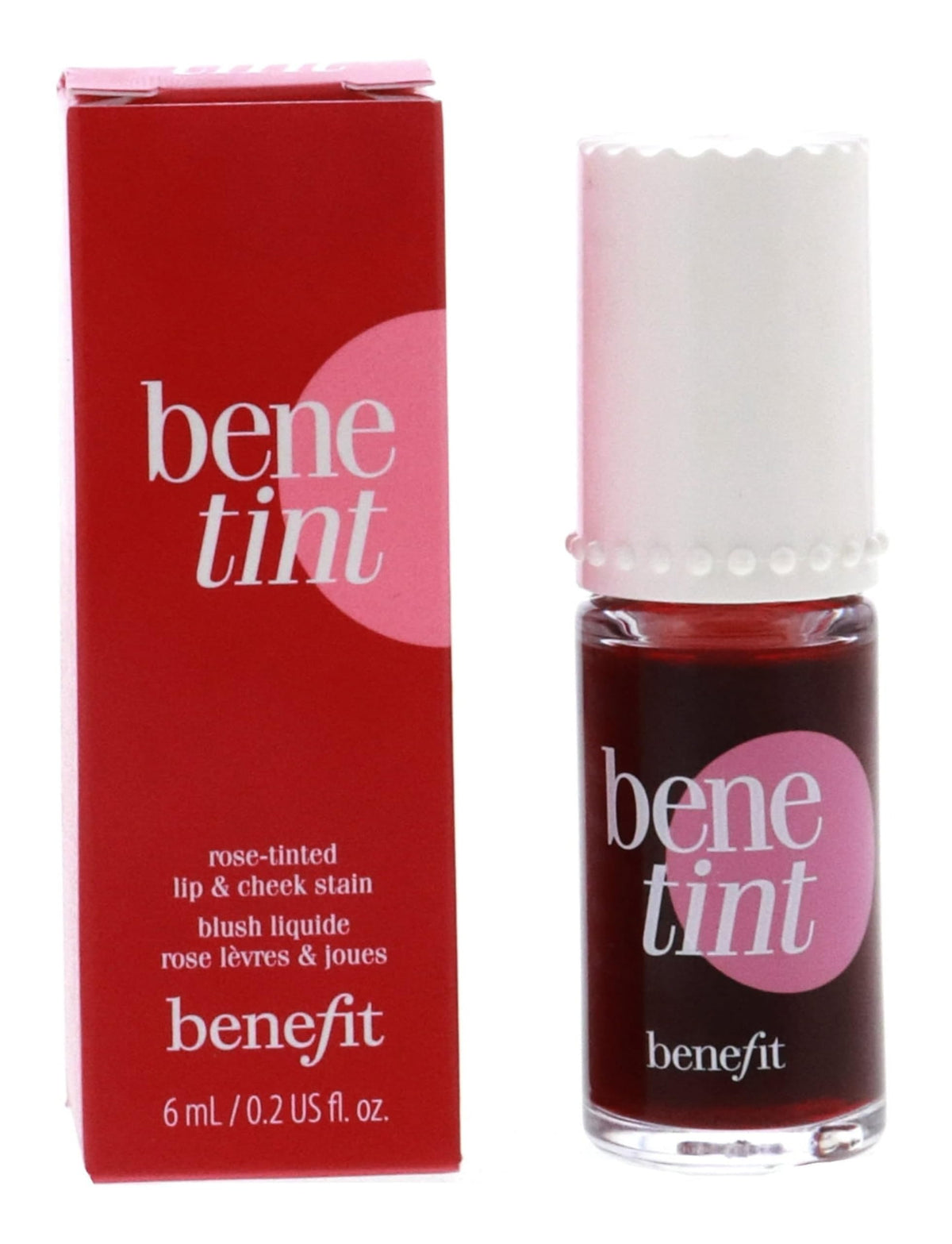 Benefit close-up lip swatch showing rose tint payoff and buildable color